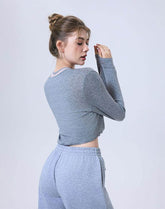 Long Sleeve Fake Two Piece Crop Top V Neck Yoga T-Shirt