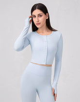 Long Sleeve Button Up Cropped Cardigan Crew Neck Tops