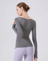 V Neck Twist Knot T-Shirts Long Sleeve Split Slim Fit Tops