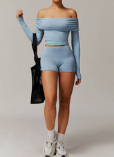Active Wear Set with Long Sleeve Off Shoulder Crop Top and Shorts