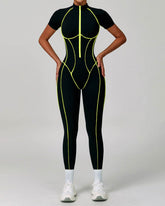 Three Dimensional Line Sports Backless Short Sleeve Jumpsuit