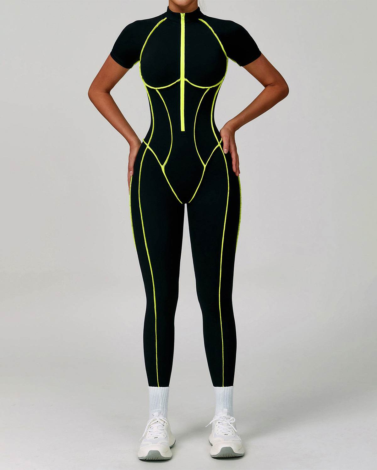Three Dimensional Line Sports Backless Short Sleeve Jumpsuit
