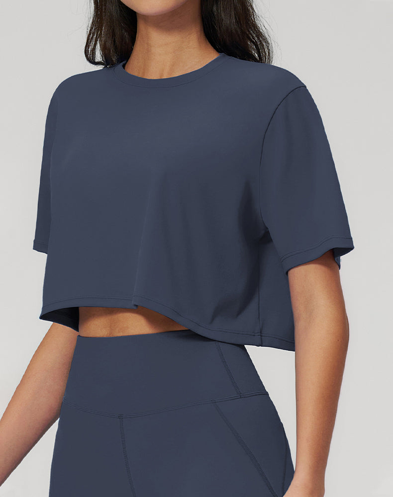 Short Sleeve Crop Tops Round Neck T-Shirts Loose Fit Blouse