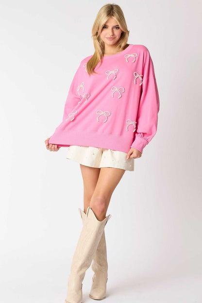 Pearl Bow Long Sleeve Sweatshirt | Ideal for Layering &amp; Everyday Wear