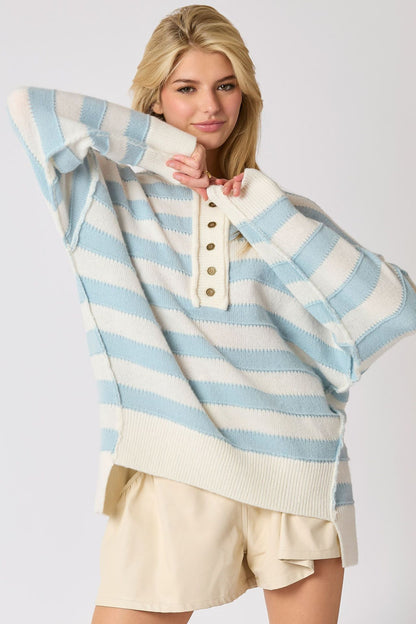 Long Sleeve Button Striped Pullover Sweater | Stylish &amp; Versatile