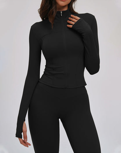Cropped Jacket Zip Slim Fit Athletic Tops with Thumb Holes