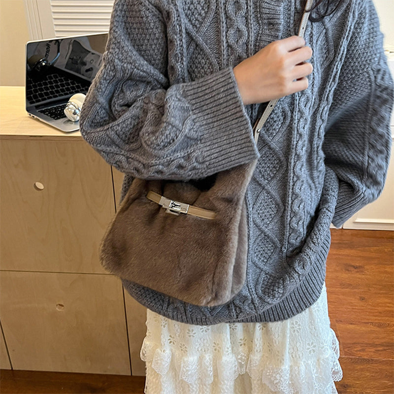 Fuzzy Shoulder Handbag Fluffy Plush Bucket Crossbody Bag