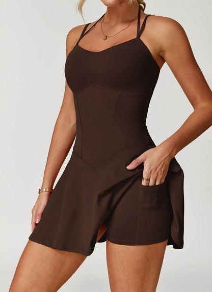 Double Straps Golf Athletic Dress with Shorts and Pockets