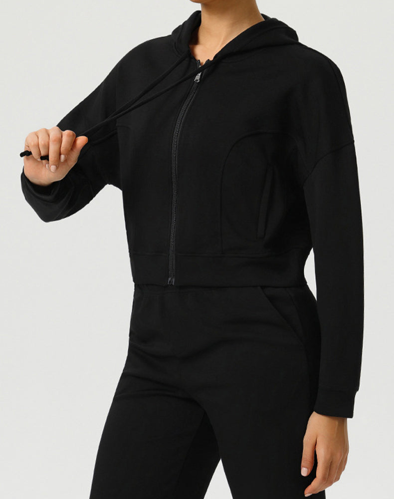 Long Sleeve Hooded Zip Up Casual Crop Coat with Pockets