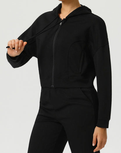 Long Sleeve Hooded Zip Up Casual Crop Coat with Pockets