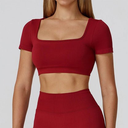 Short Sleeve Crop Top Yoga T-Shirt with Built in Bra