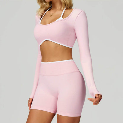 Backless Long Sleeve Workout Crop Top Gym Shirt with Halter