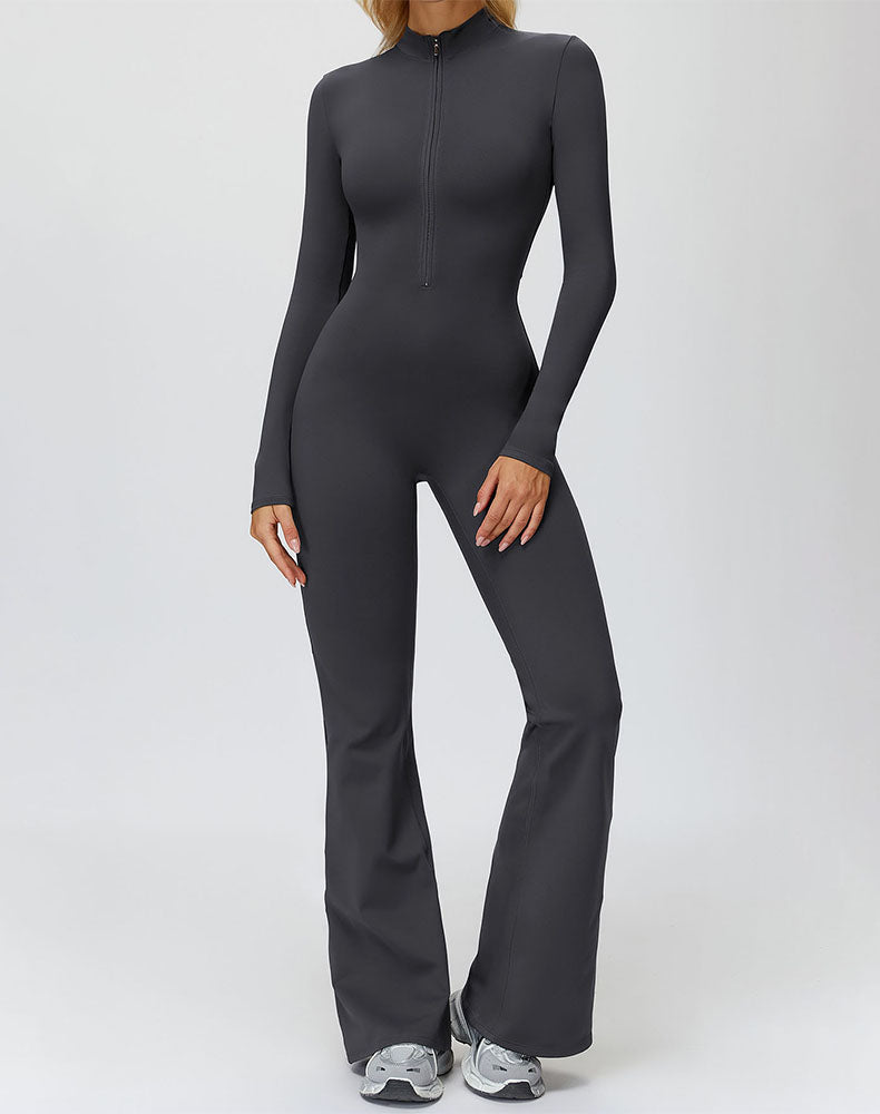 Long Sleeve Flare Workout Jumpsuit Zip Up Wide Leg Bodysuit