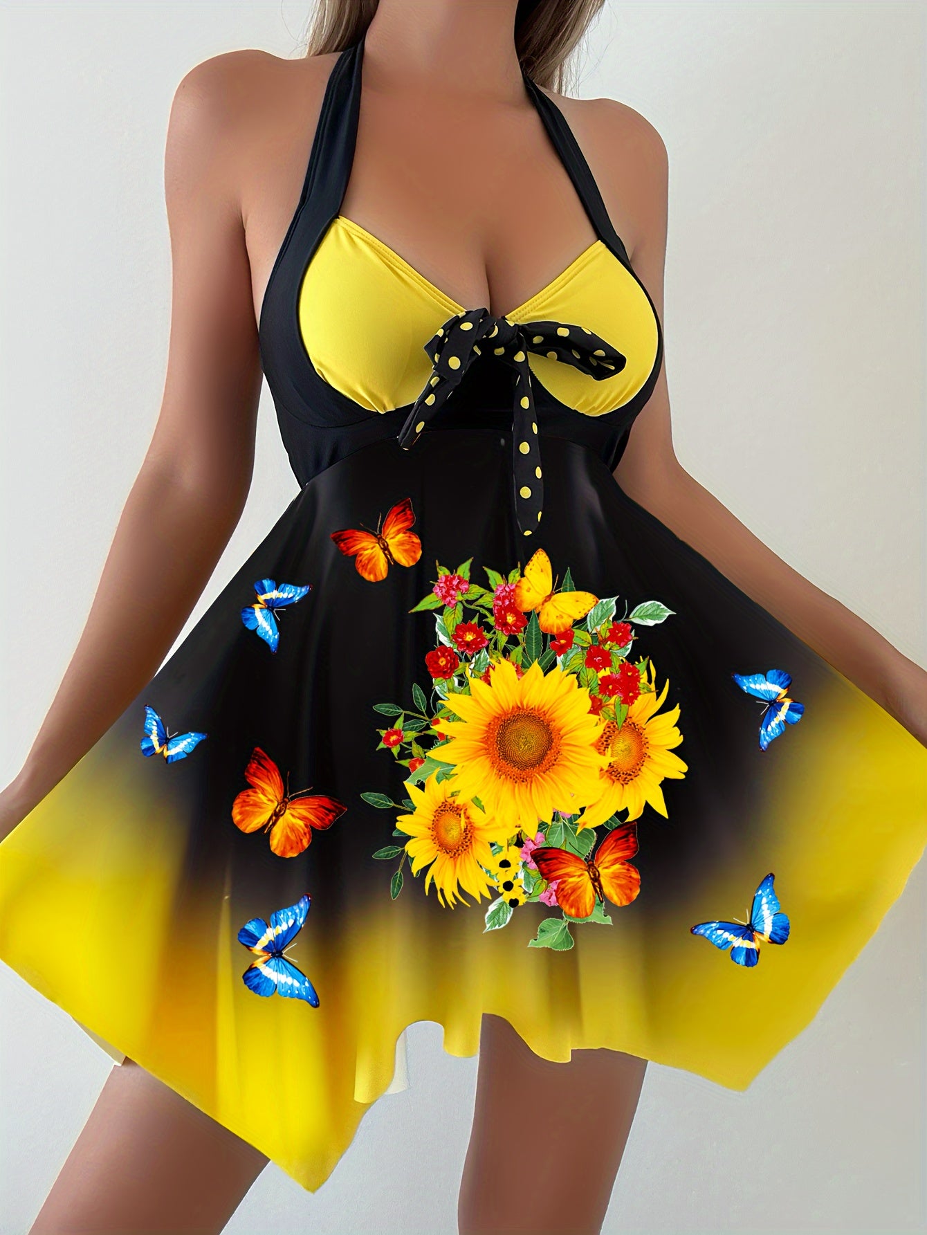 Vibrant Sunflower Print Two-Piece Tankini Set