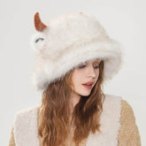 Winter Faux Fur Cow Bucket Hat Fuzzy Cute Animal Horns Cap