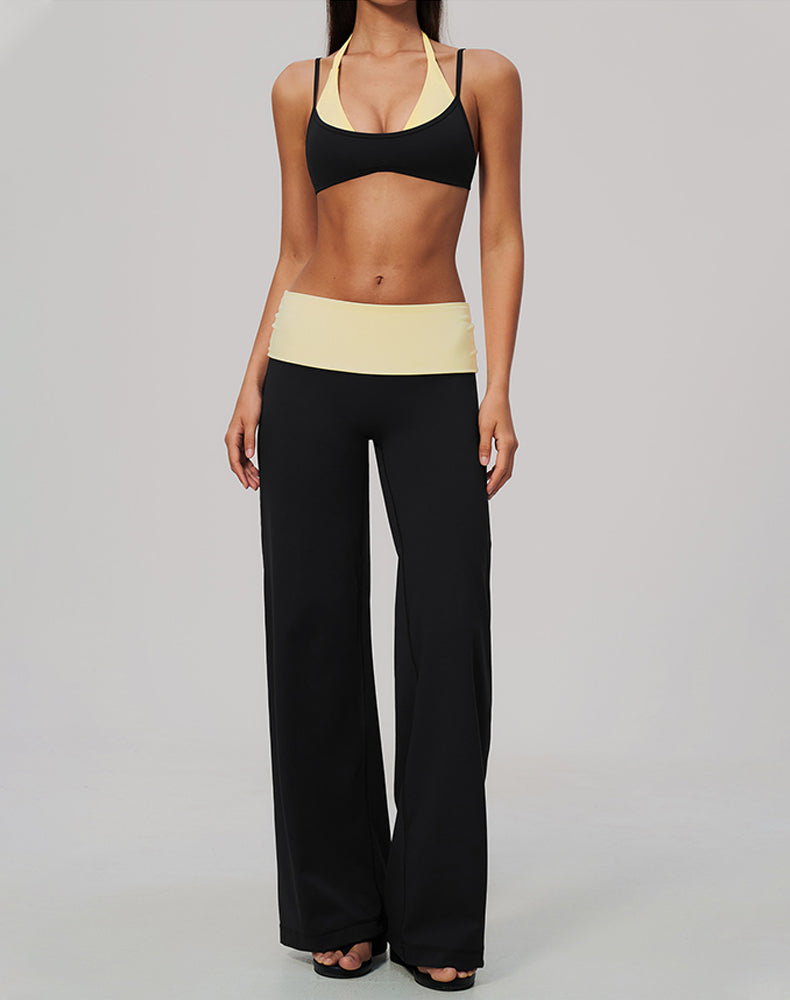 2 Piece Color Block Sports Bra and Fold Over Flare Pant Sets