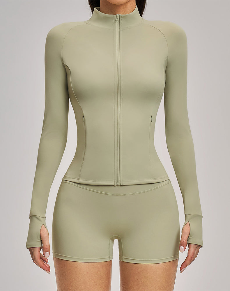 Cropped Athletic Jacket with Pockets and Thumb Holes