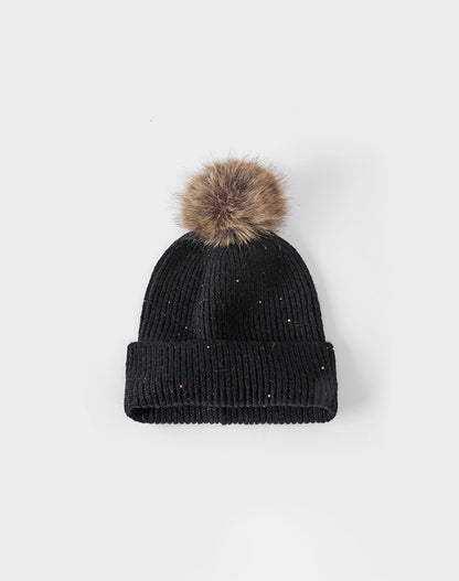 Winter Knitted Beanie Hat with Faux Fur Pom