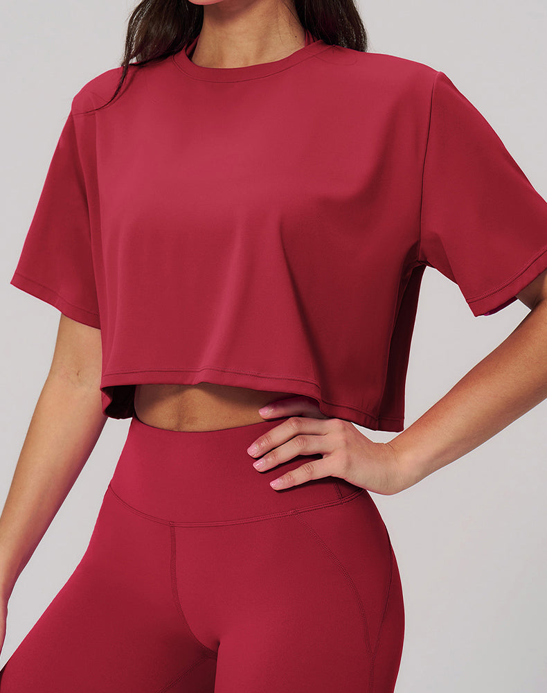 Short Sleeve Crop Tops Round Neck T-Shirts Loose Fit Blouse