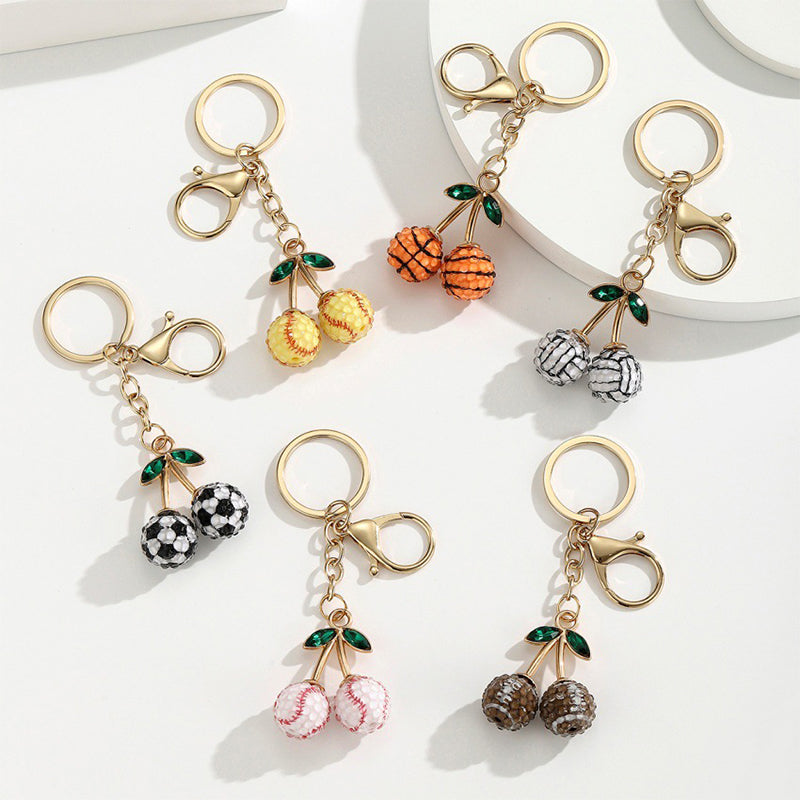 Rhinestone Sports Ball Cherry Keychain Key Ring Bag Charm