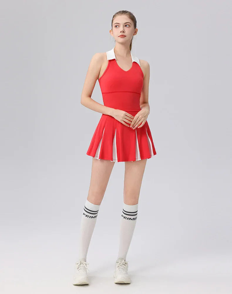 Colorblock Tennis Golf Sets with Polo Collared Top and Skirt - Red