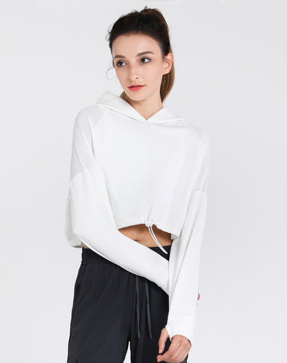 Drawstring Cropped Hoodies with Thumb Holes