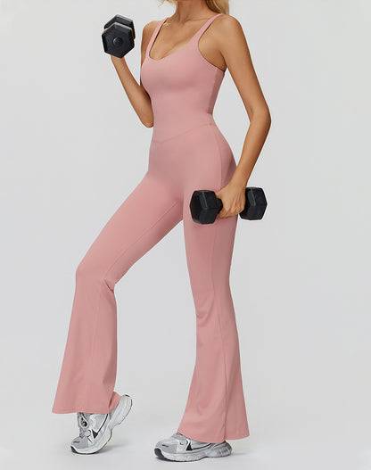 Cross Back One Piece Jumpsuit Yoga Flare Leg Rompers