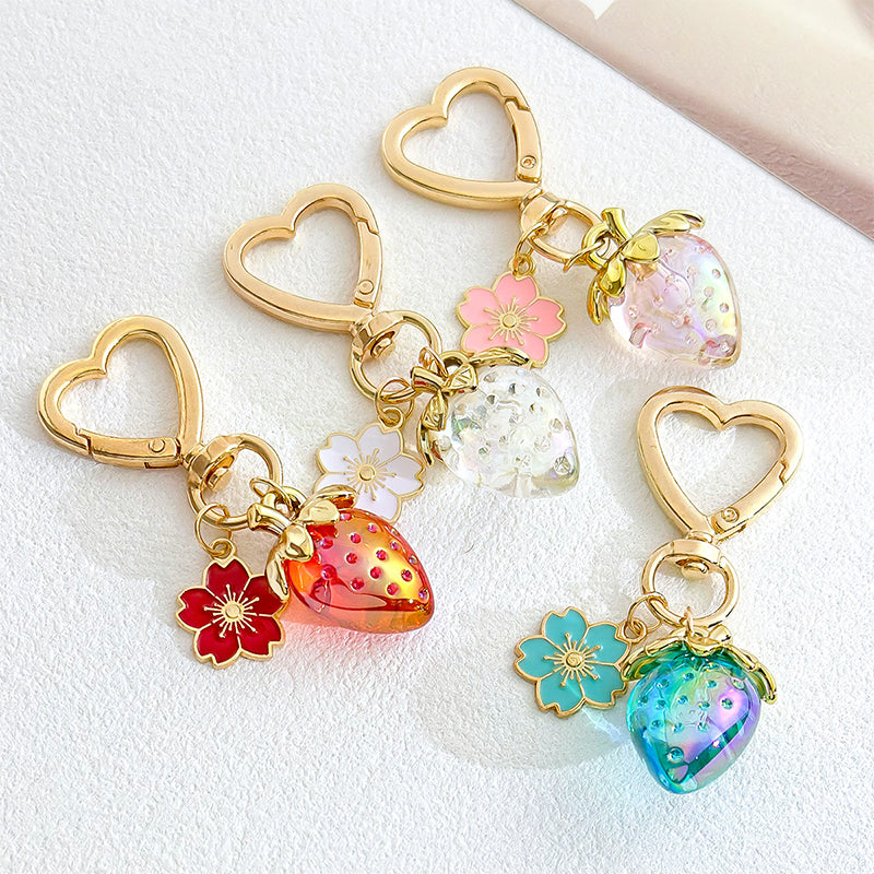 Strawberry Heart Bag Keychain Cherry Blossom Purse Charm