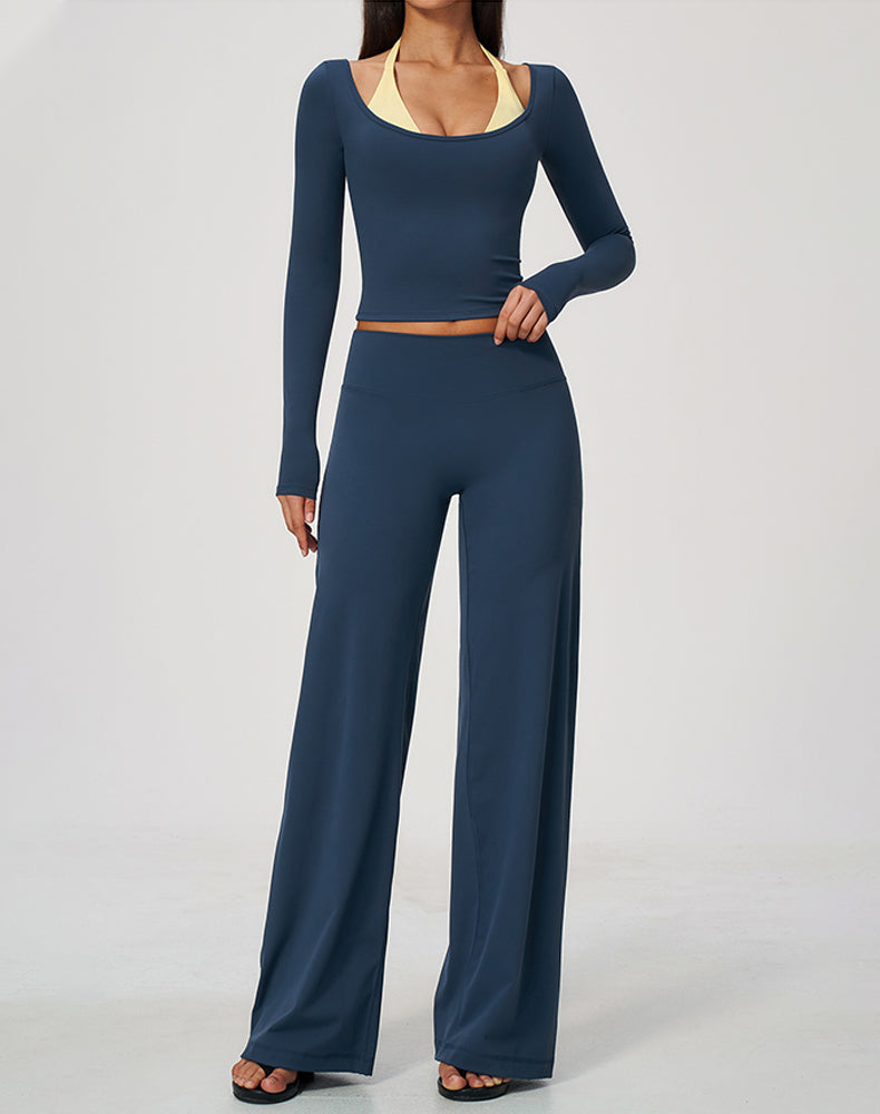 2 Piece Long Sleeve Sports T-Shirt and Wide Leg Pant