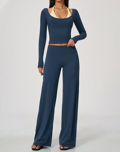 2 Piece Long Sleeve Sports T-Shirt and Wide Leg Pant