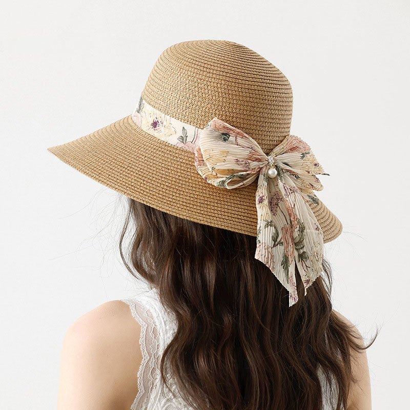 Summer Beach Straw Bucket Hat with Bow Tie