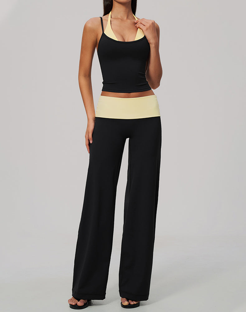 2 Piece Color Block Tank Top and Fold Over Flare Pant Sets