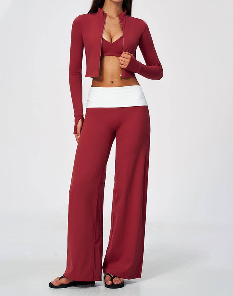 3 Piece Sports Bra Cropped Jacket and Fold Over Flare Pant