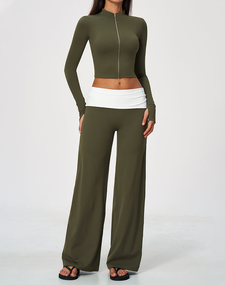2 Piece Full Zip Cropped Jacket and Fold Over Flare Pant