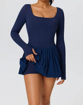 Long Sleeve Pleated Tennis Dress with Short and Pocket