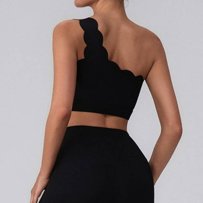 Wavy One Shoulder Sports Bra Tank Top with Removable Pads