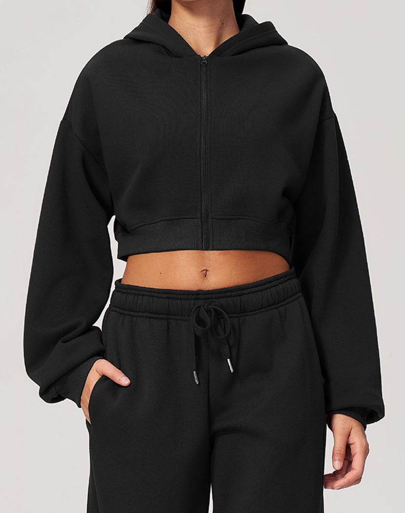 Long Sleeve Full Zip Cropped Casual Hooded