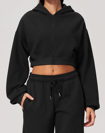 Long Sleeve Full Zip Cropped Casual Hooded