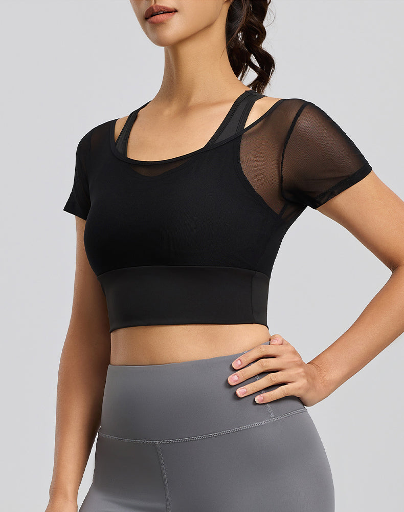 Short Sleeve Yoga Crop Tops Mesh Athletic T-Shirts