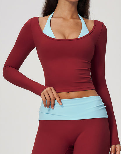 Faux Two Piece Color Block Long Sleeve Sports T-Shirts