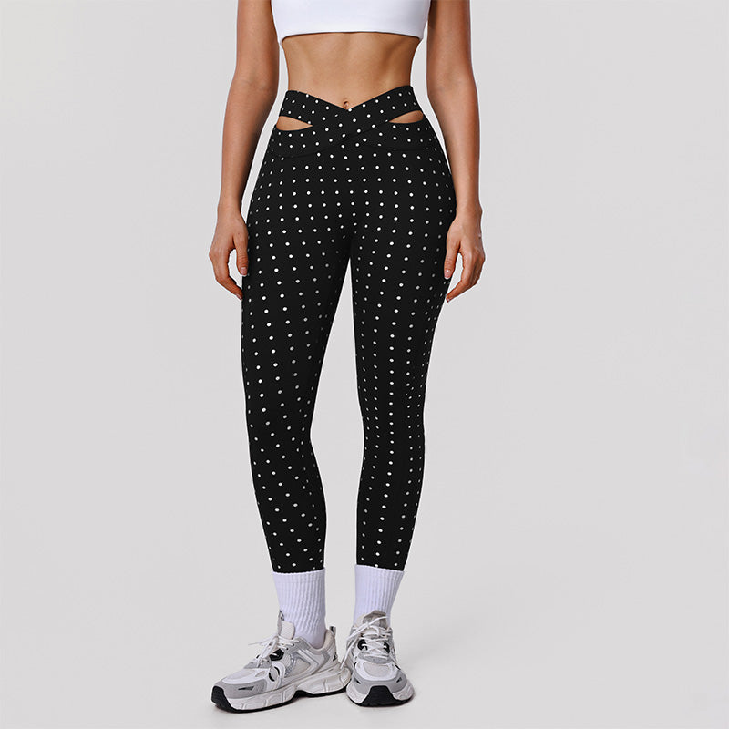 Silver Polka Dot Yoga Leggings Cross-cut Black Workout Pants