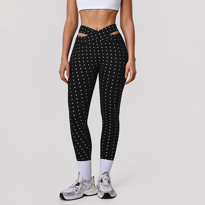 Silver Polka Dot Yoga Leggings Cross-cut Black Workout Pants