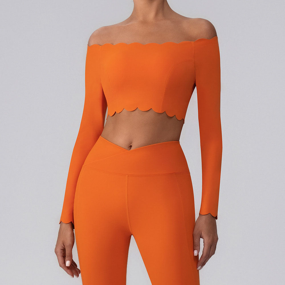 Off Shoulder Crop Tops Long Sleeve Shirt with Removable Cups