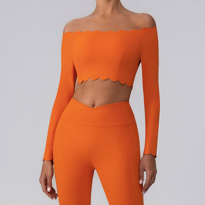 Off Shoulder Crop Tops Long Sleeve Shirt with Removable Cups