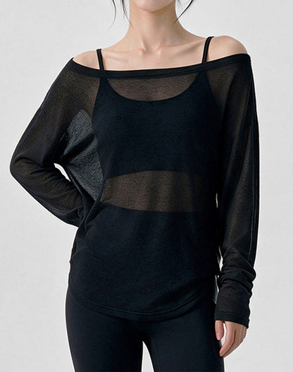 Off Shoulder Long Sleeve Sheer Mesh Yoga Tops