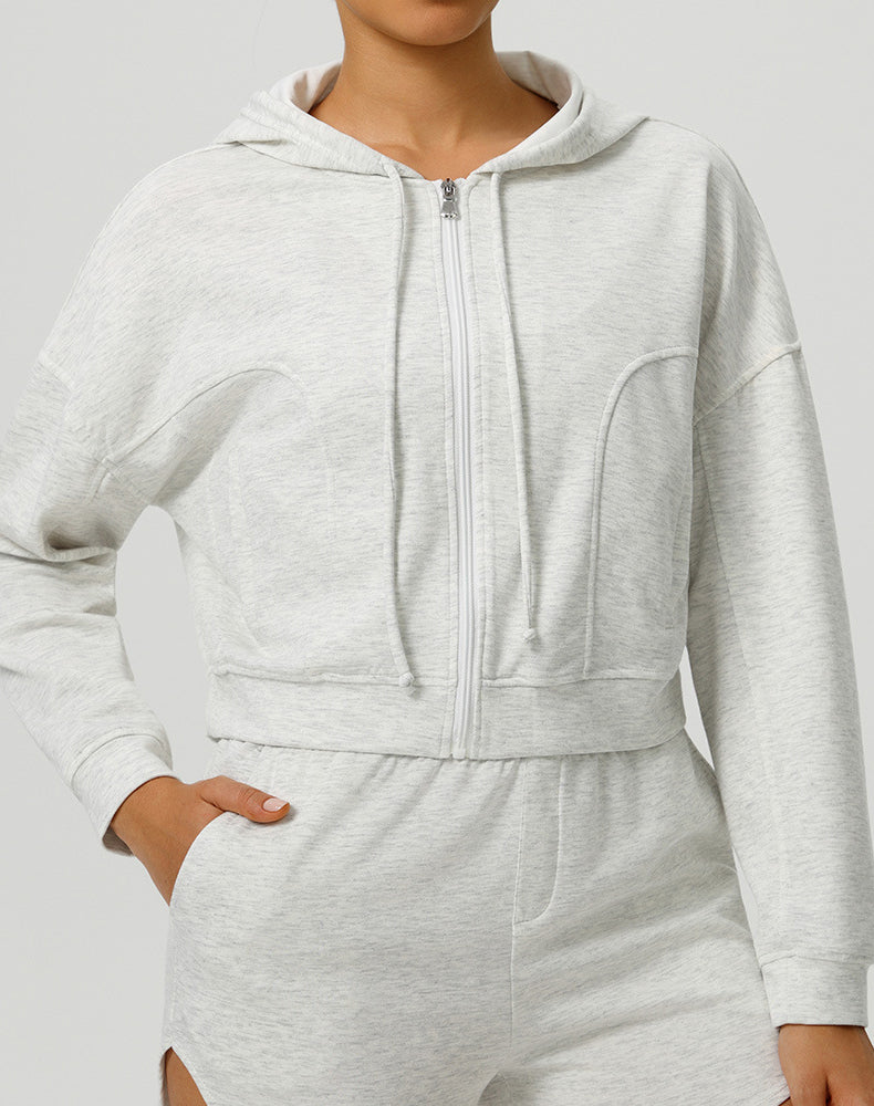 Long Sleeve Hooded Zip Up Casual Crop Coat with Pockets