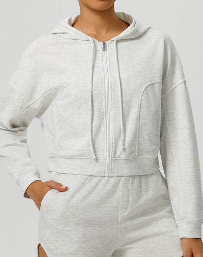 Long Sleeve Hooded Zip Up Casual Crop Coat with Pockets