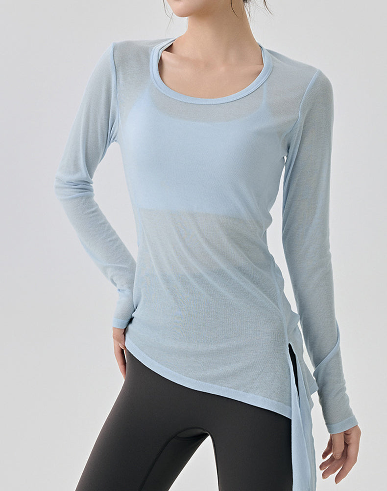 Side Slits Tie Long Sleeves Mesh Yoga Shirts