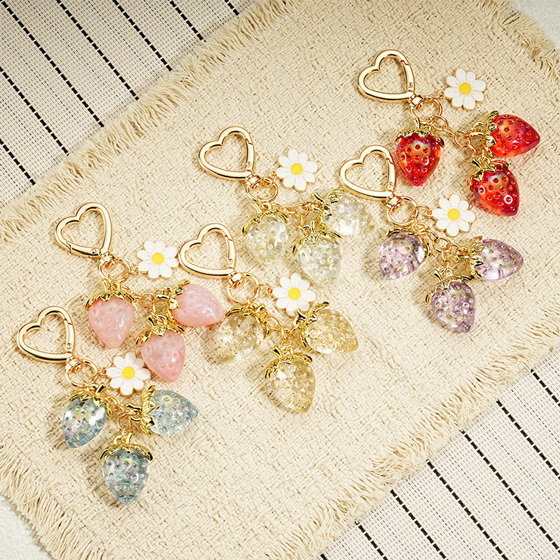Cute Strawberry Keychain Bag Charm with Flower