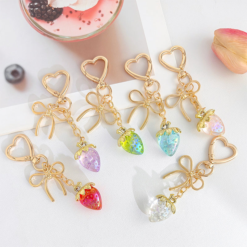 Strawberry Bow Keychain Clear Purple Cute Bag Heart Charms